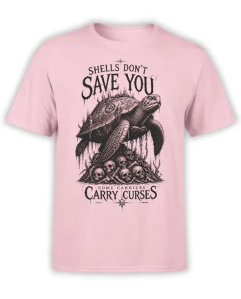 Gothic turtle with skulls, candles, and cursed shell text printed on a pink graphic T-shirt