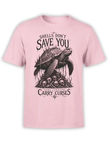 Gothic turtle with skulls, candles, and cursed shell text printed on a pink graphic T-shirt