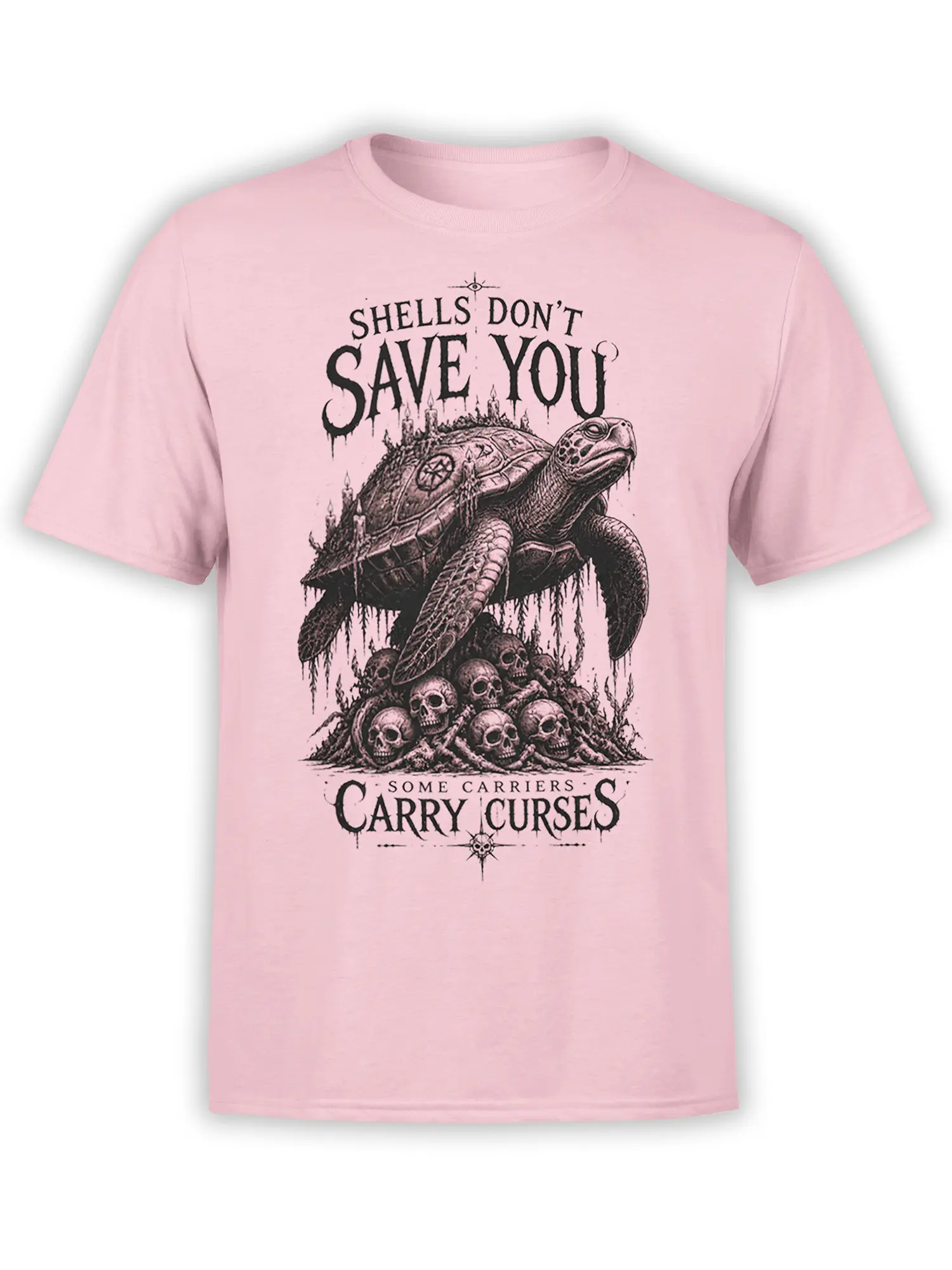 Gothic turtle with skulls, candles, and cursed shell text printed on a pink graphic T-shirt