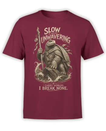 Armored turtle warrior holding a staff among waves on a burgundy fantasy T-shirt