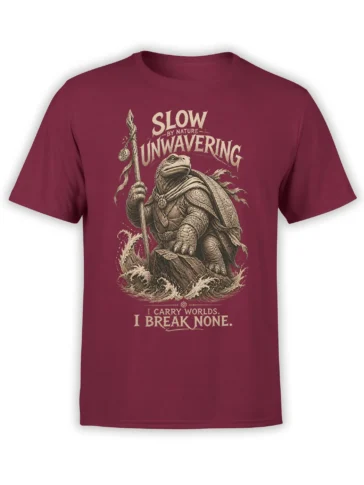 Armored turtle warrior holding a staff among waves on a burgundy fantasy T-shirt