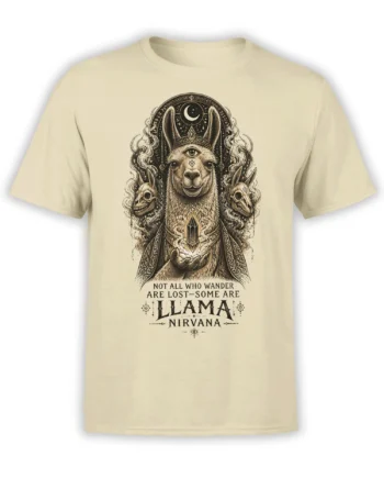 Mystical llama T-shirt in beige with a third eye, crescent moon, skulls, and symbolic fantasy artwork