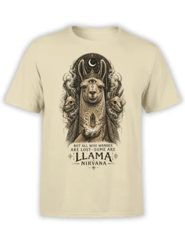 Mystical llama T-shirt in beige with a third eye, crescent moon, skulls, and symbolic fantasy artwork