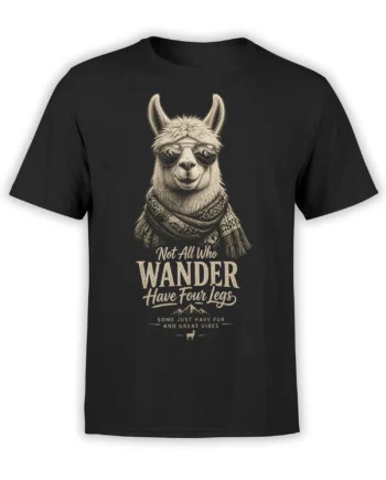 Black llama t-shirt with sunglasses, mountain reflections, scarf, and vintage wanderer lettering