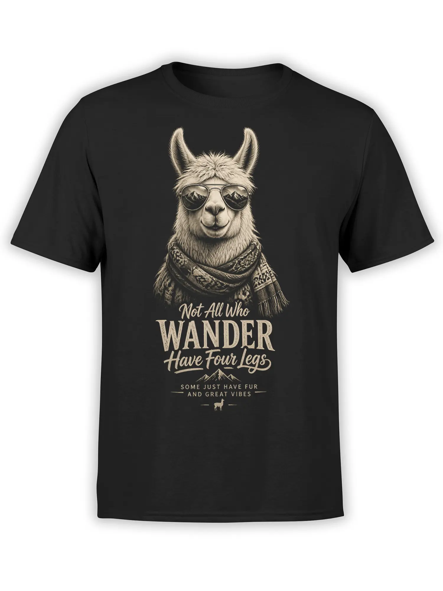 Black llama t-shirt with sunglasses, mountain reflections, scarf, and vintage wanderer lettering