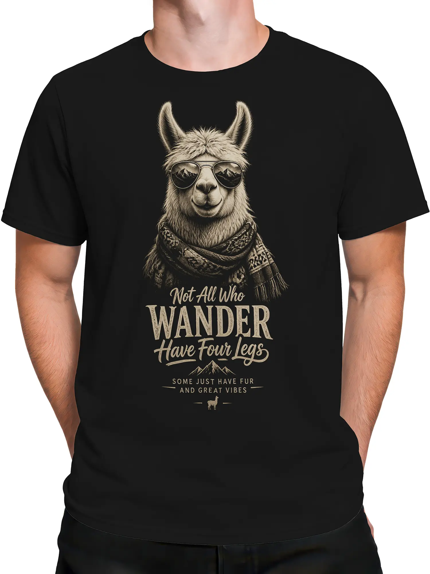 Male torso wearing a black llama T-shirt with mountain-reflecting sunglasses and vintage wanderer lettering