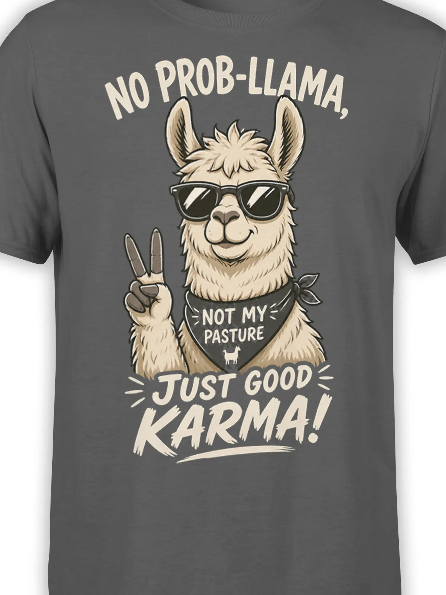 Close-up of fluffy sunglasses-wearing llama graphic with “No Prob-Llama” text on a gray T-shirt