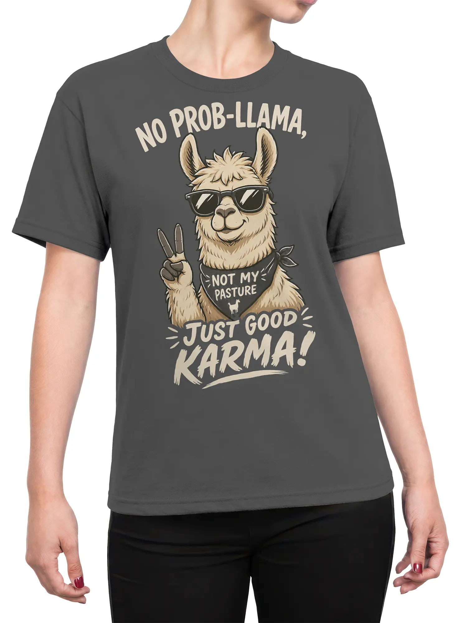 Female torso wearing a gray llama T-shirt with sunglasses, peace sign, and good karma design