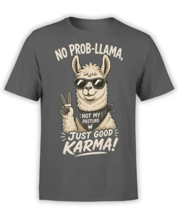 Gray llama T-shirt with sunglasses, peace sign, bandana, and “Just Good Karma” lettering