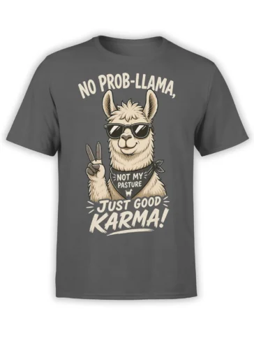 Gray llama T-shirt with sunglasses, peace sign, bandana, and “Just Good Karma” lettering