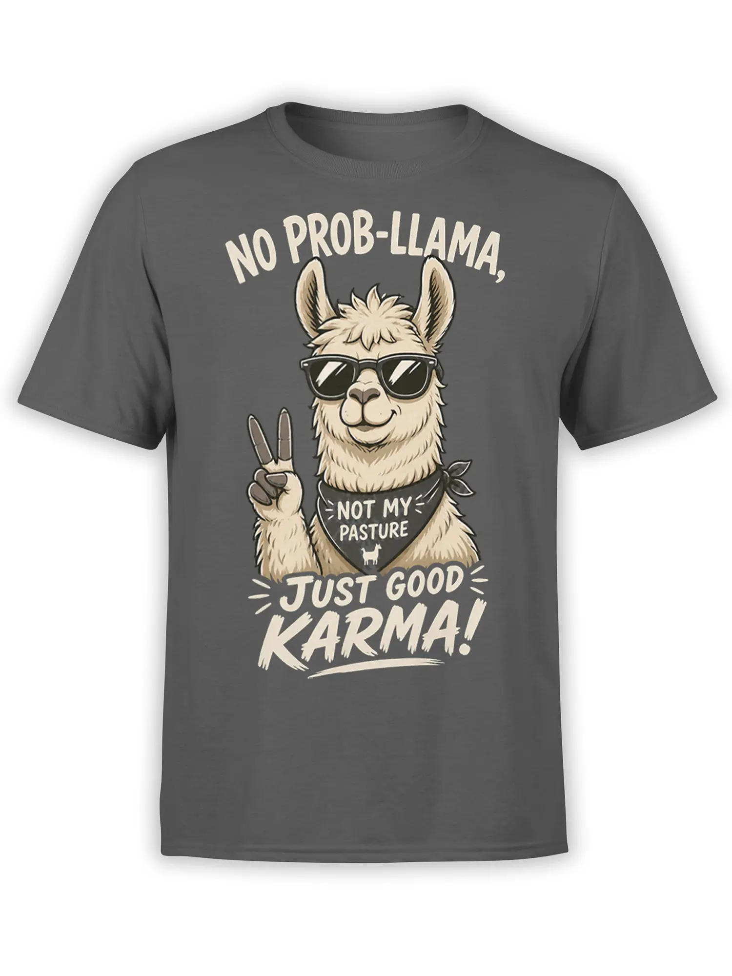 Gray llama T-shirt with sunglasses, peace sign, bandana, and “Just Good Karma” lettering