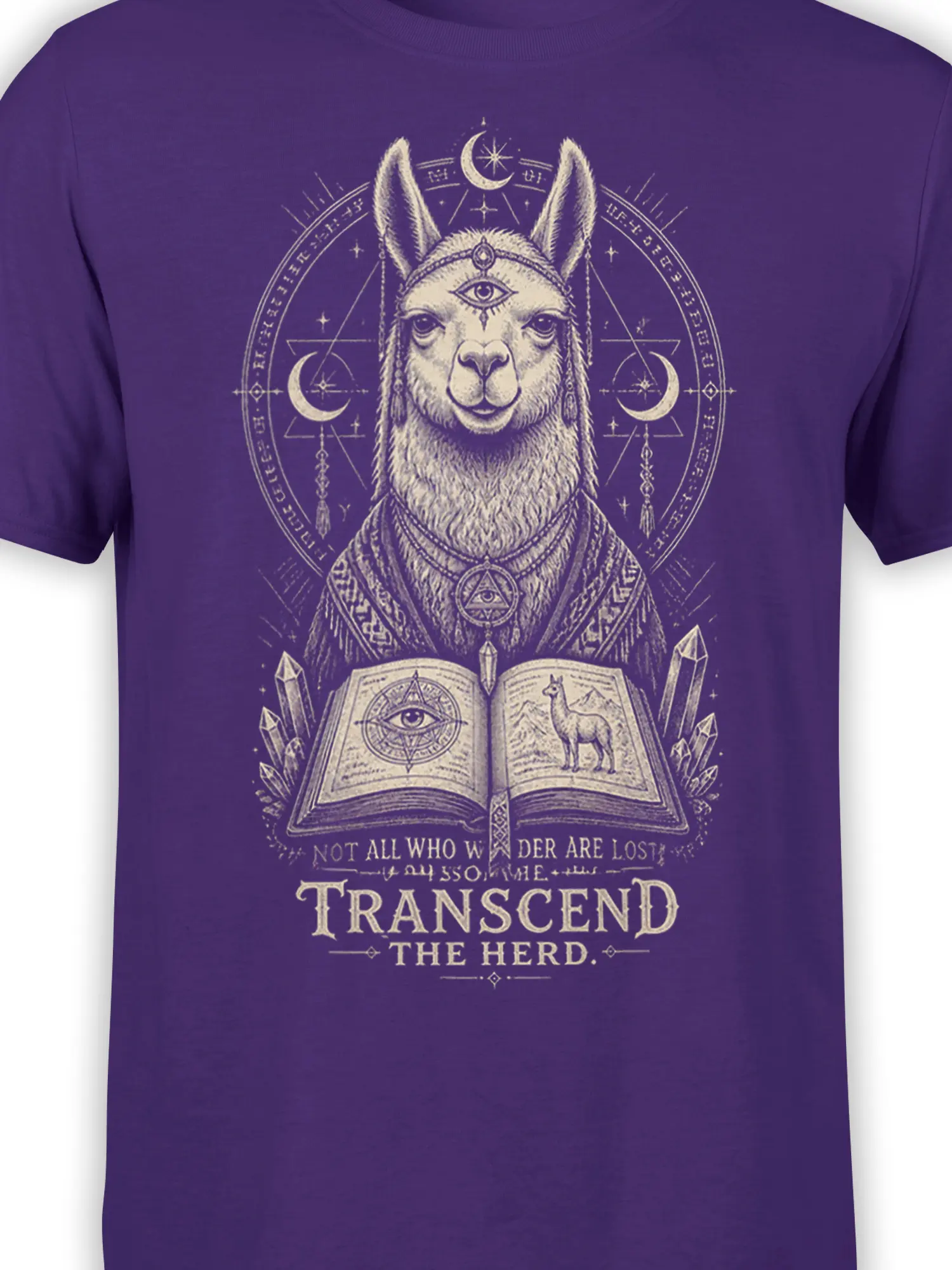 Close-up of mystical llama artwork with crystals, crescent moons, eye symbols, open book, and cream lettering on purple fabric