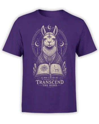 Mystical llama T-shirt in purple with crescent moons, crystals, eye symbols, an open book, and Transcend the Herd text