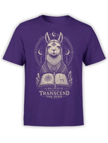 Mystical llama T-shirt in purple with crescent moons, crystals, eye symbols, an open book, and Transcend the Herd text