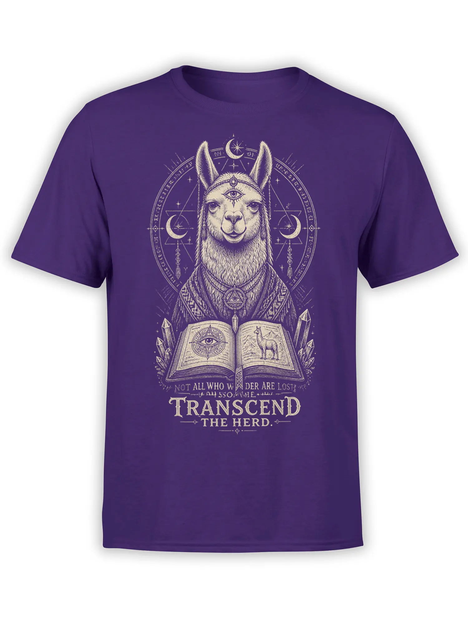 Mystical llama T-shirt in purple with crescent moons, crystals, eye symbols, an open book, and Transcend the Herd text