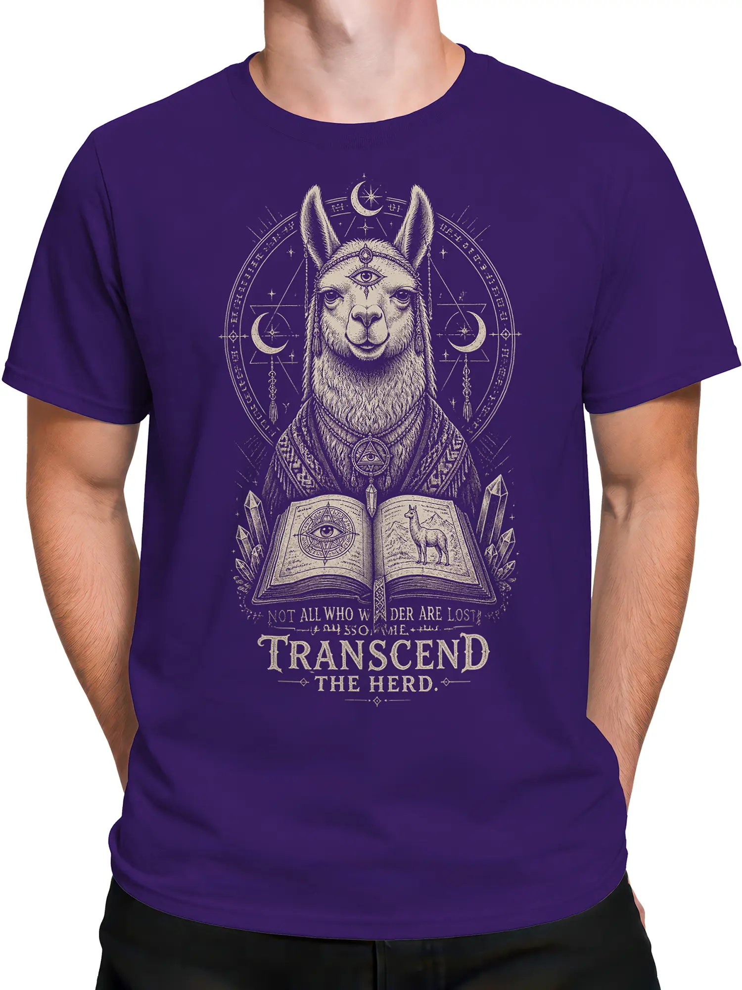 Male torso wearing a purple mystical llama T-shirt with celestial symbols, crystals, an open book, and cream artwork