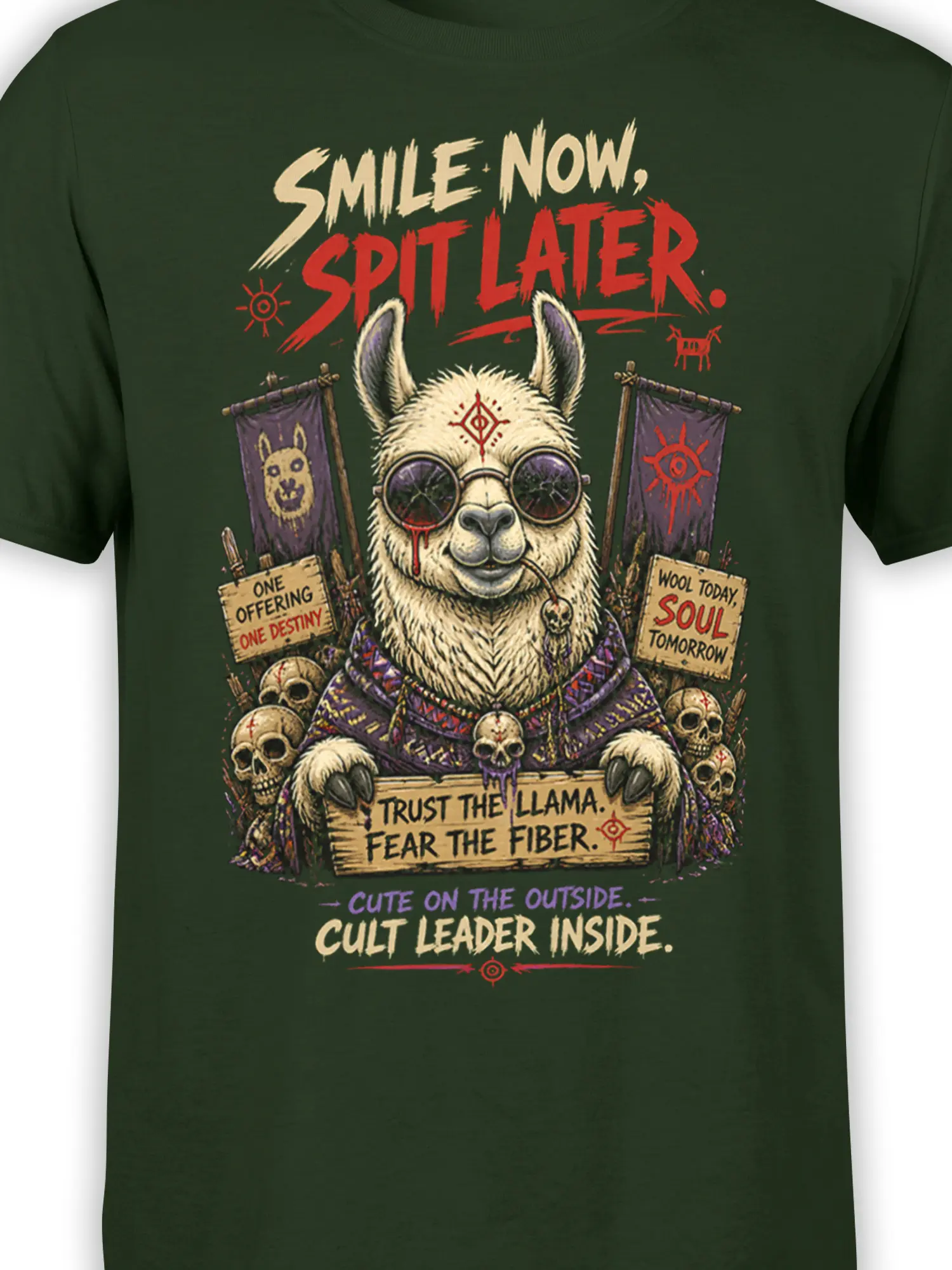 Close-up of the Fiber Prophet llama graphic, skulls, symbols, banners, and wool message on a green shirt