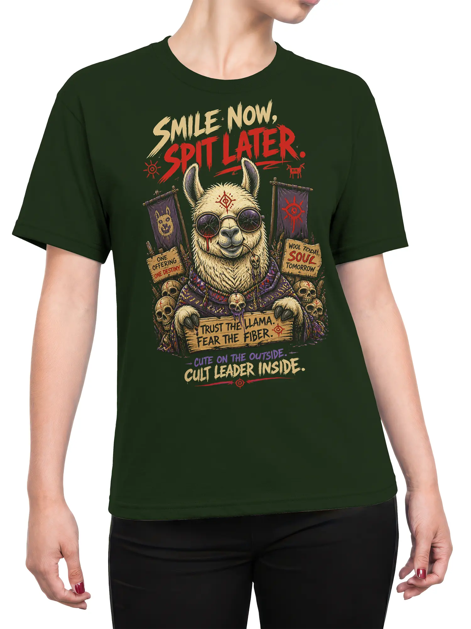 Female torso wearing a green Fiber Prophet llama T-shirt with skulls, symbols, and vintage occult artwork