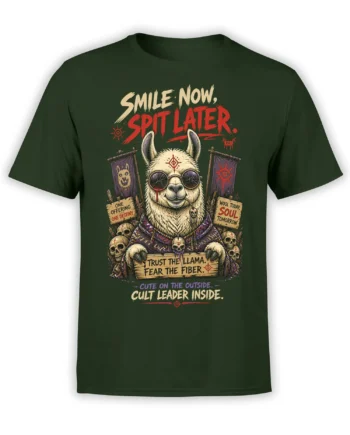 Fiber Prophet llama cult leader graphic with skulls and wool signs on a green T-shirt