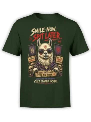 Fiber Prophet llama cult leader graphic with skulls and wool signs on a green T-shirt