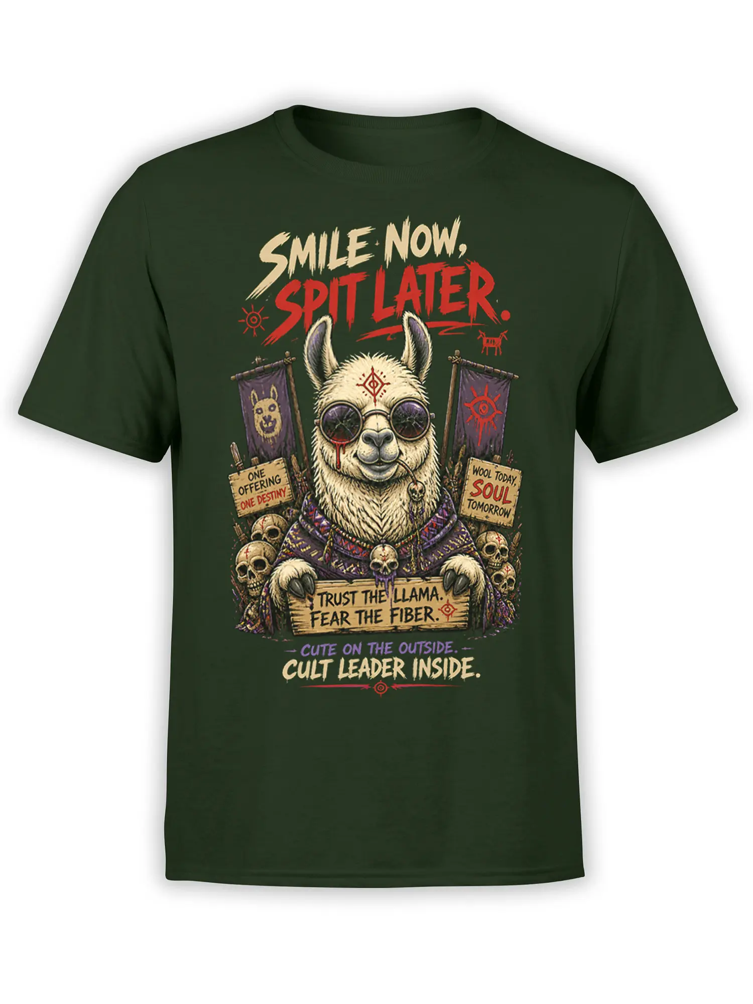 Fiber Prophet llama cult leader graphic with skulls and wool signs on a green T-shirt