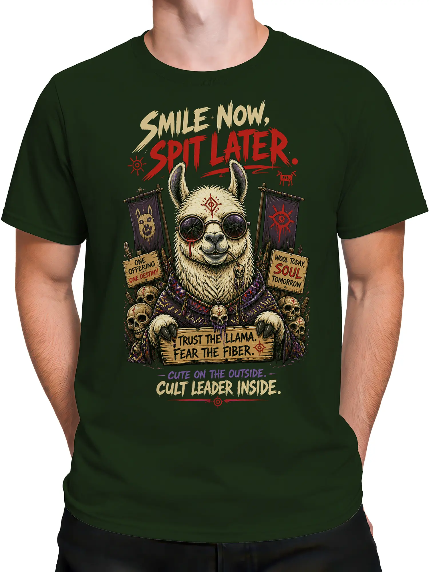 Male torso wearing a green Fiber Prophet llama T-shirt with a bold skull and wool graphic