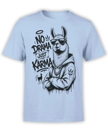 Light blue llama T-shirt with sunglasses, hoodie, halo, crowns, and No Drama Just Karma lettering