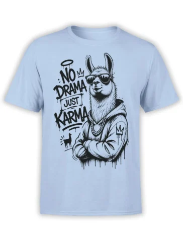 Light blue llama T-shirt with sunglasses, hoodie, halo, crowns, and No Drama Just Karma lettering