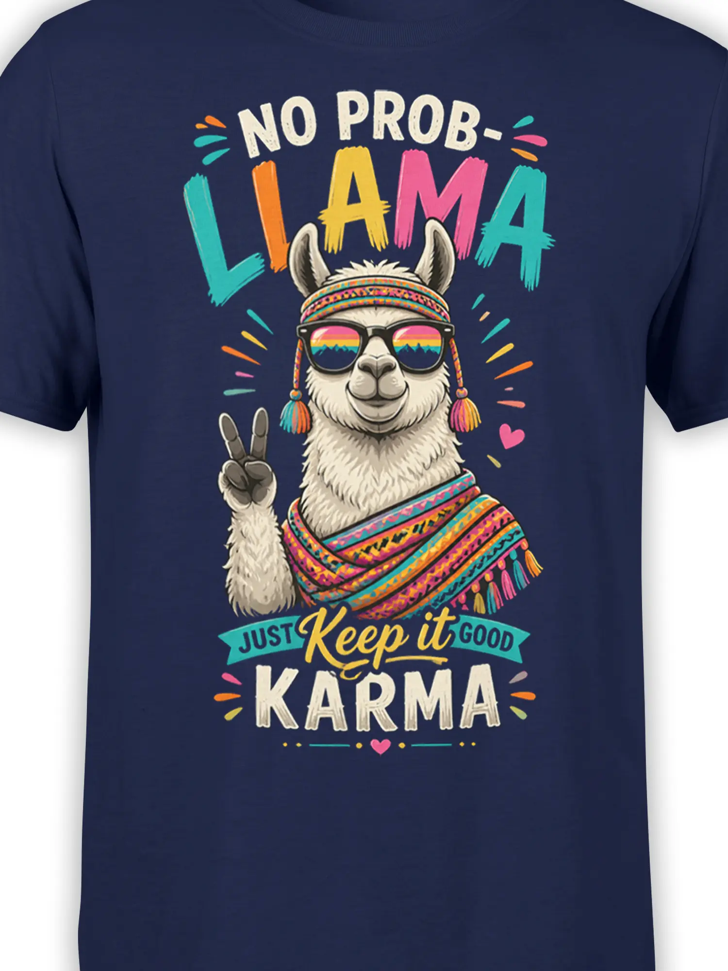 Close-up of colorful llama graphic with sunglasses, peace sign, bright patterns, and good karma lettering on navy fabric