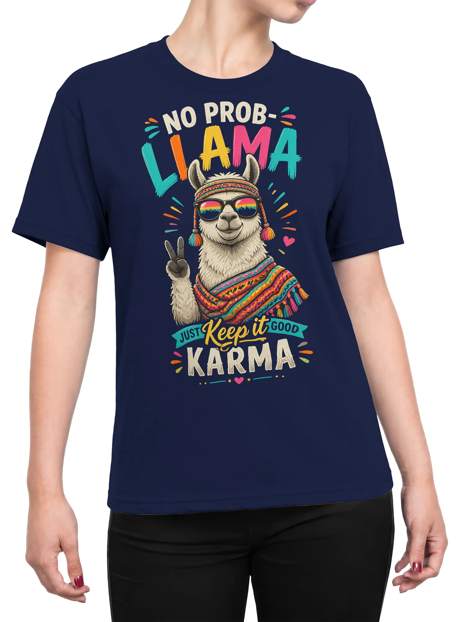 Female torso wearing a navy good karma llama T-shirt with colorful sunglasses, peace sign, and retro lettering