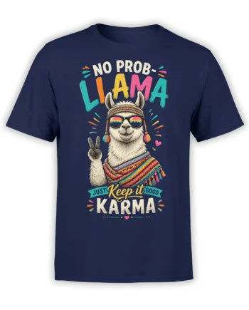 Good karma llama T-shirt in navy with sunglasses, peace sign, colorful wrap, and “NO PROB-LLAMA” lettering