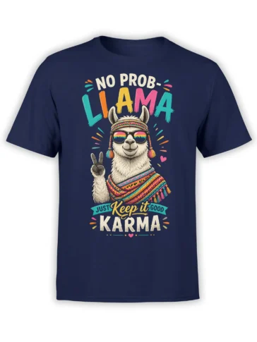 Good karma llama T-shirt in navy with sunglasses, peace sign, colorful wrap, and “NO PROB-LLAMA” lettering