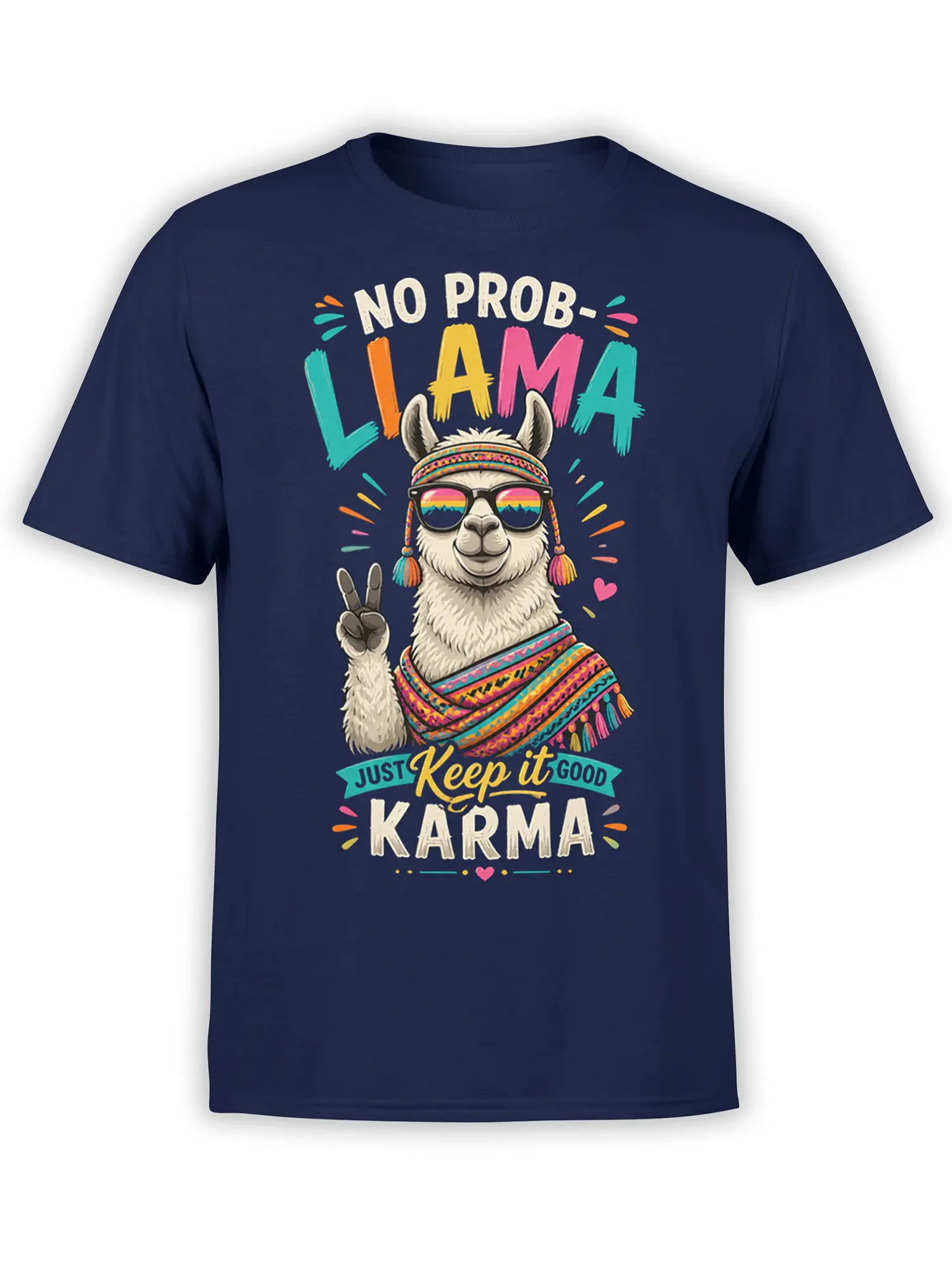 Good karma llama T-shirt in navy with sunglasses, peace sign, colorful wrap, and “NO PROB-LLAMA” lettering