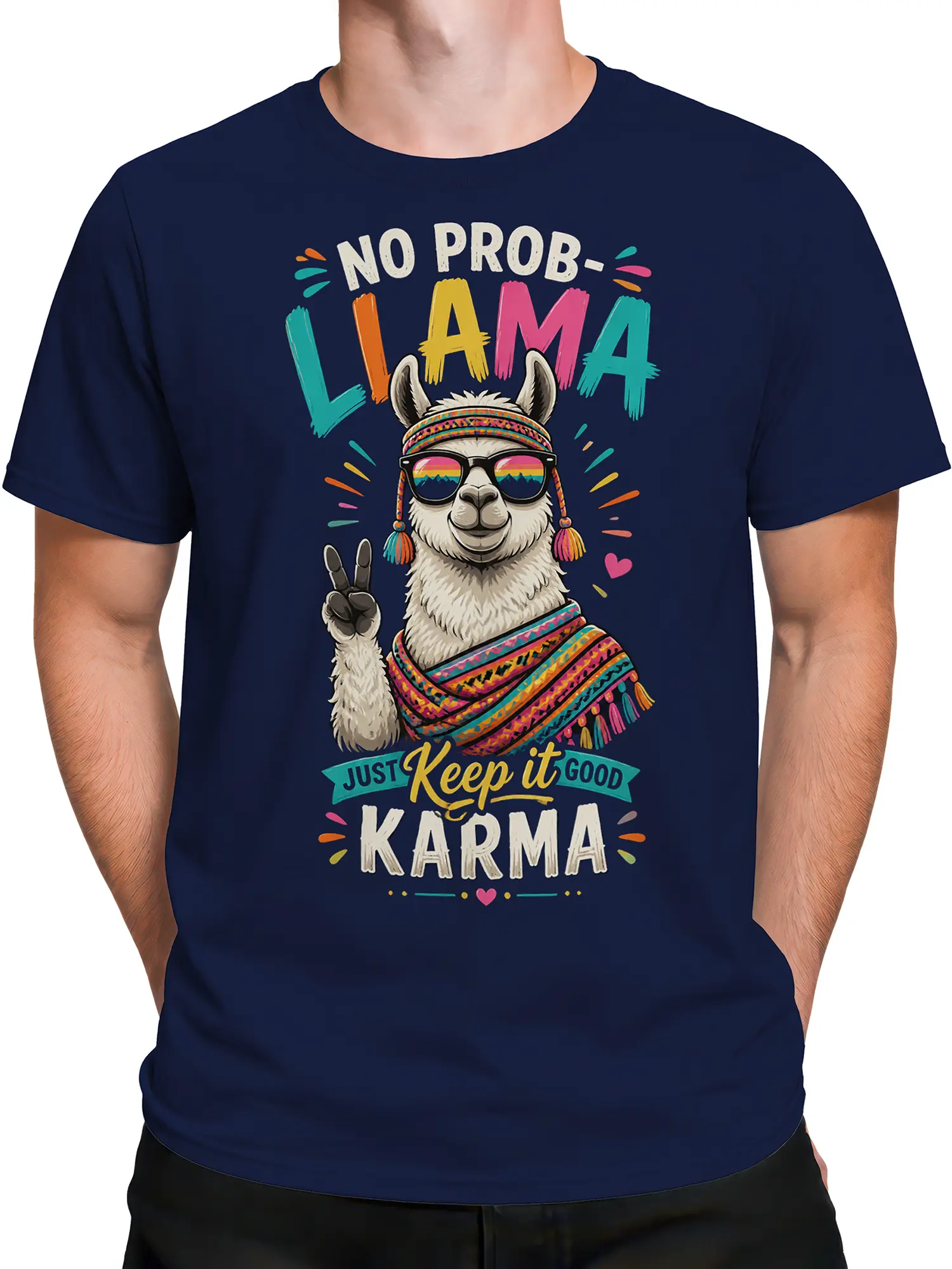 Male torso wearing a navy llama T-shirt with colorful folk details, sunglasses, peace sign, and karma message