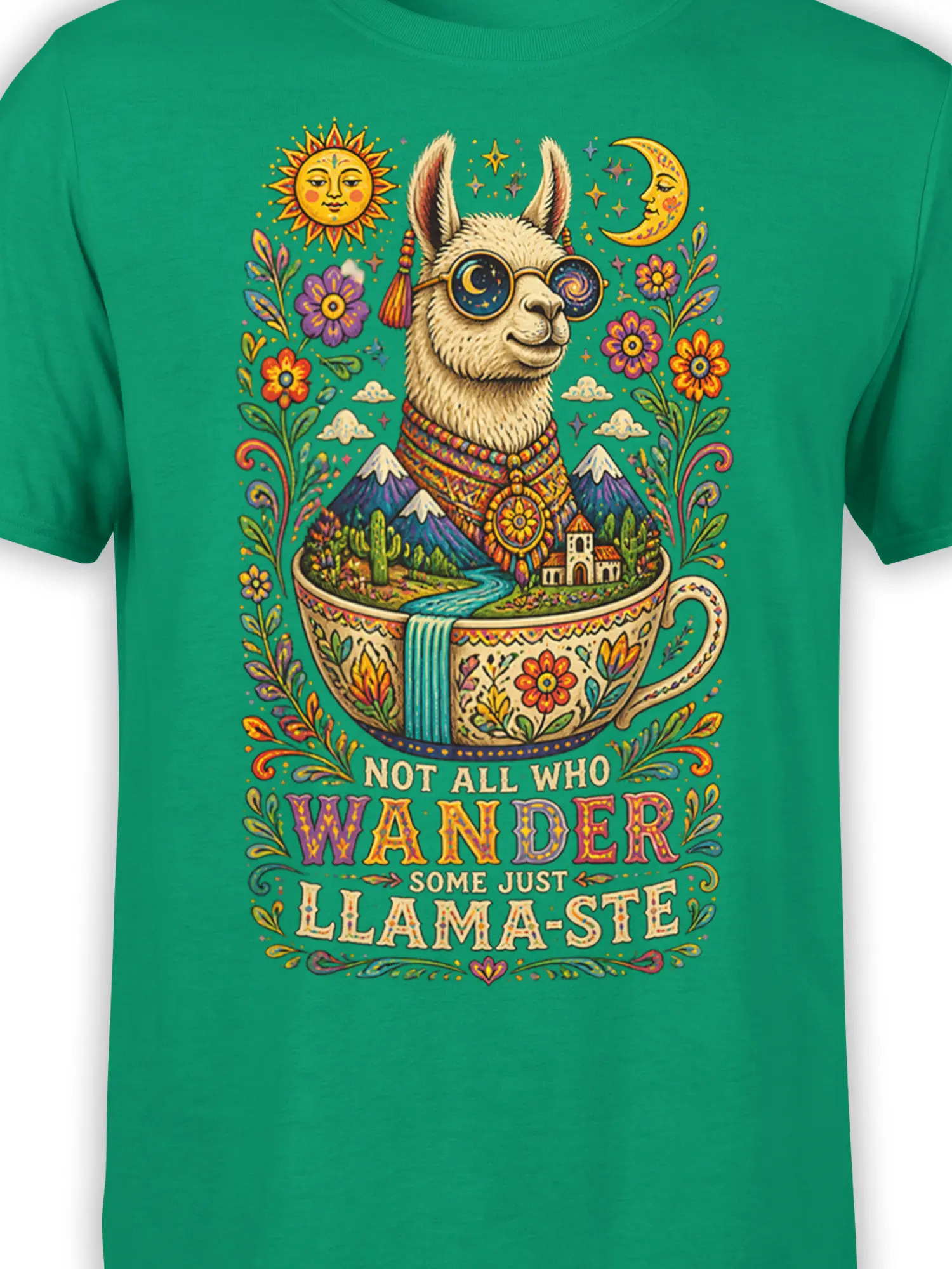 Close-up of the colorful llama, patterned garment, flowers, mountains, celestial symbols, and slogan on a green T-shirt