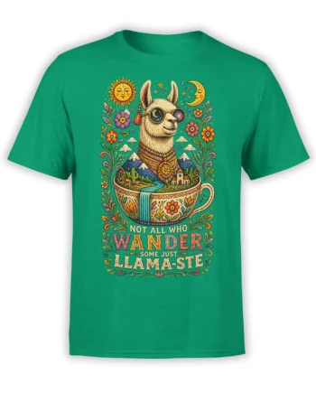Green T-shirt with a colorful llama in celestial glasses, mountain landscape, flowers, sun, moon, and wanderer slogan