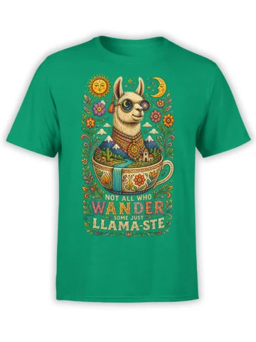 Green T-shirt with a colorful llama in celestial glasses, mountain landscape, flowers, sun, moon, and wanderer slogan