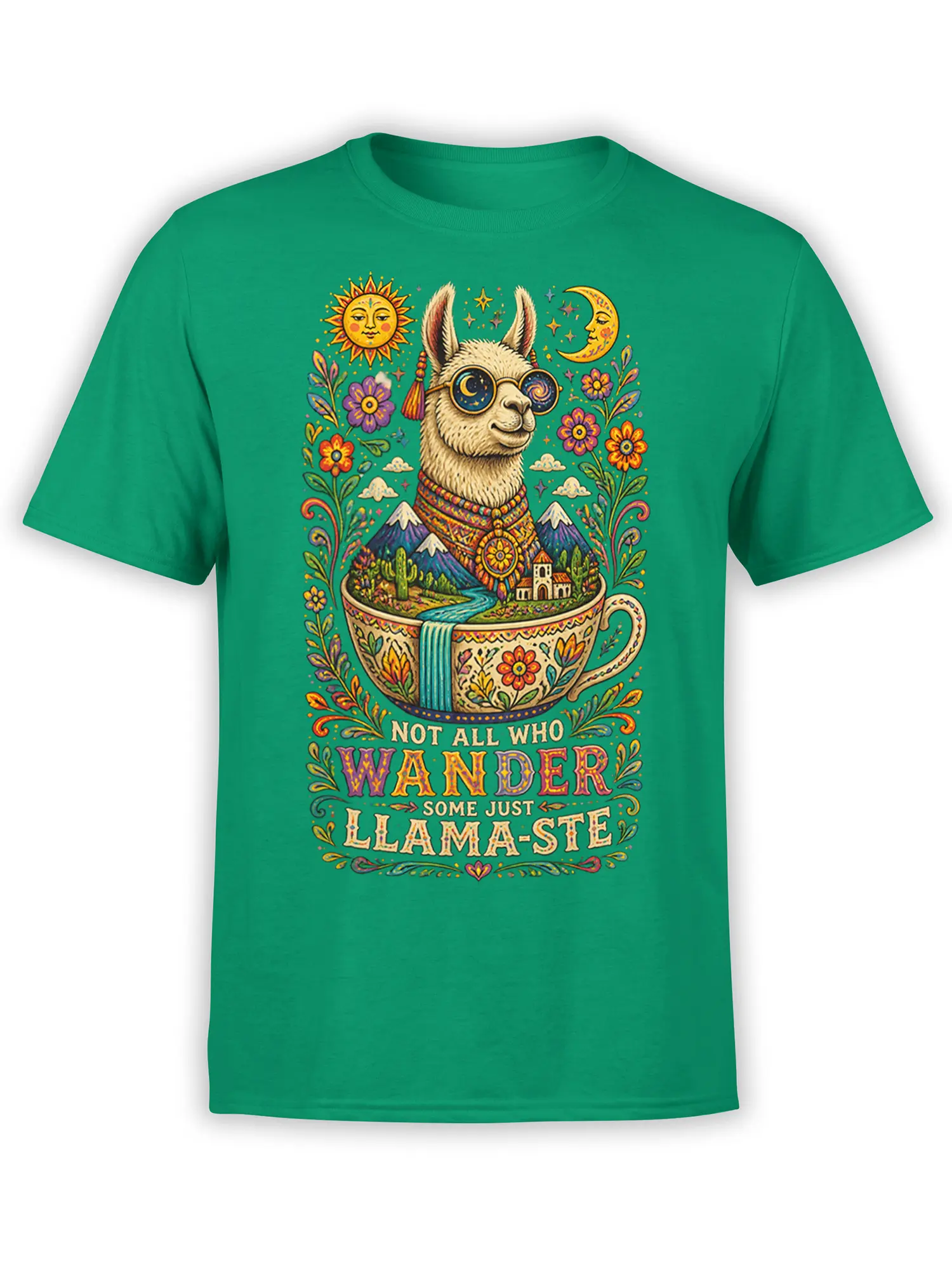 Green T-shirt with a colorful llama in celestial glasses, mountain landscape, flowers, sun, moon, and wanderer slogan