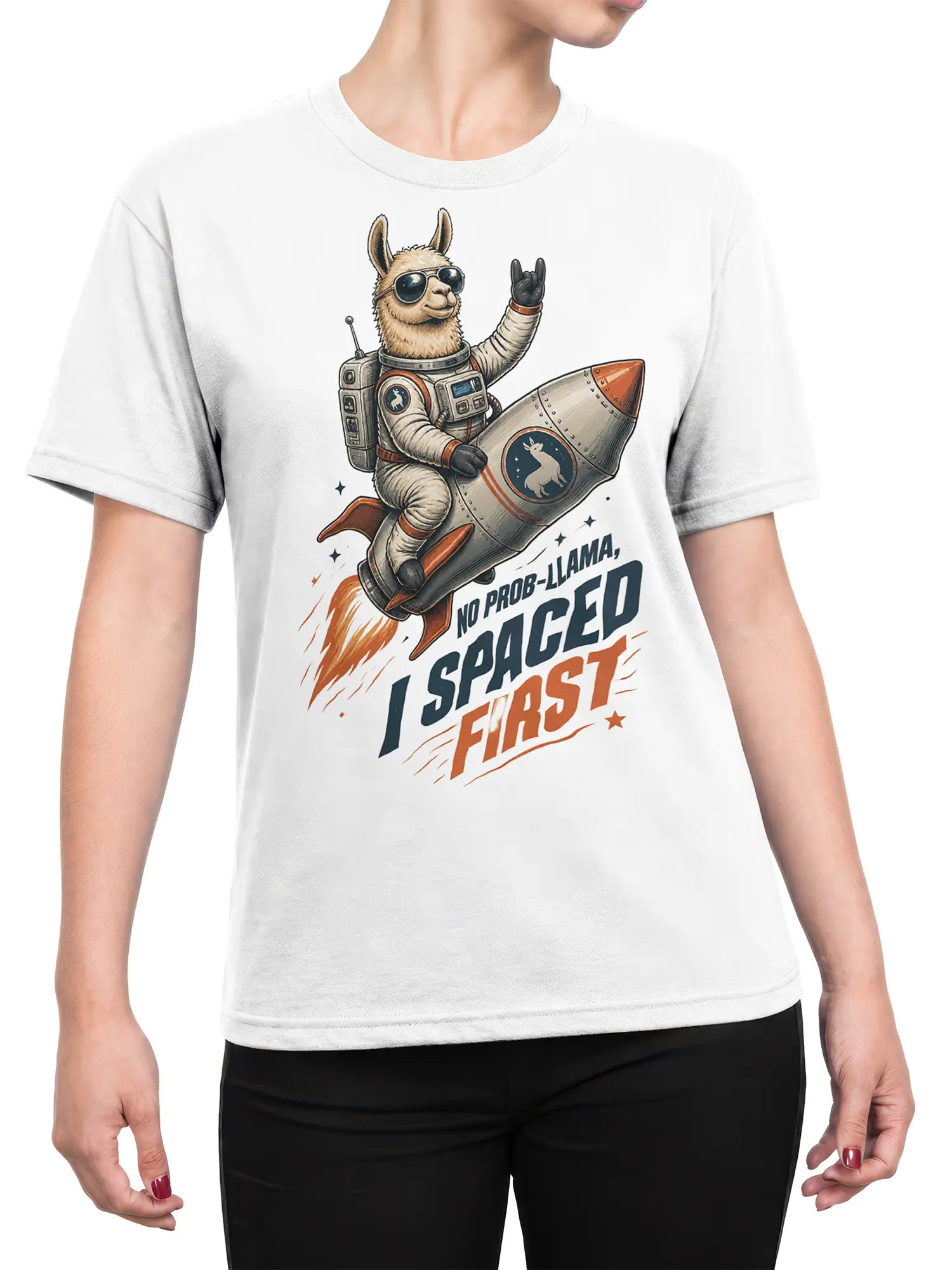Female torso wearing a white astronaut llama T-shirt with a rocket and “I Spaced First” graphic