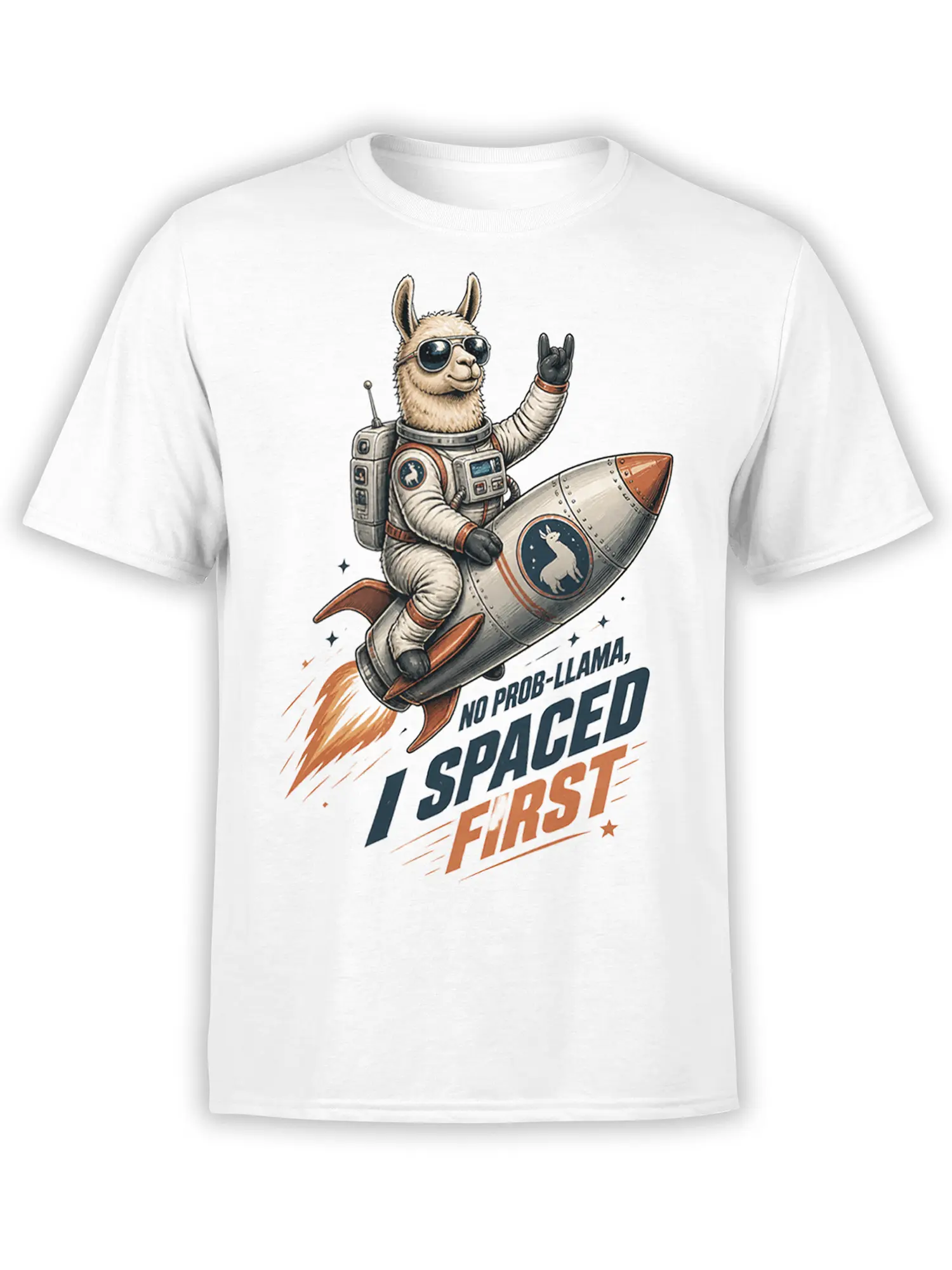 White T-shirt with a sunglass-wearing astronaut llama riding a rocket beside “I Spaced First” lettering