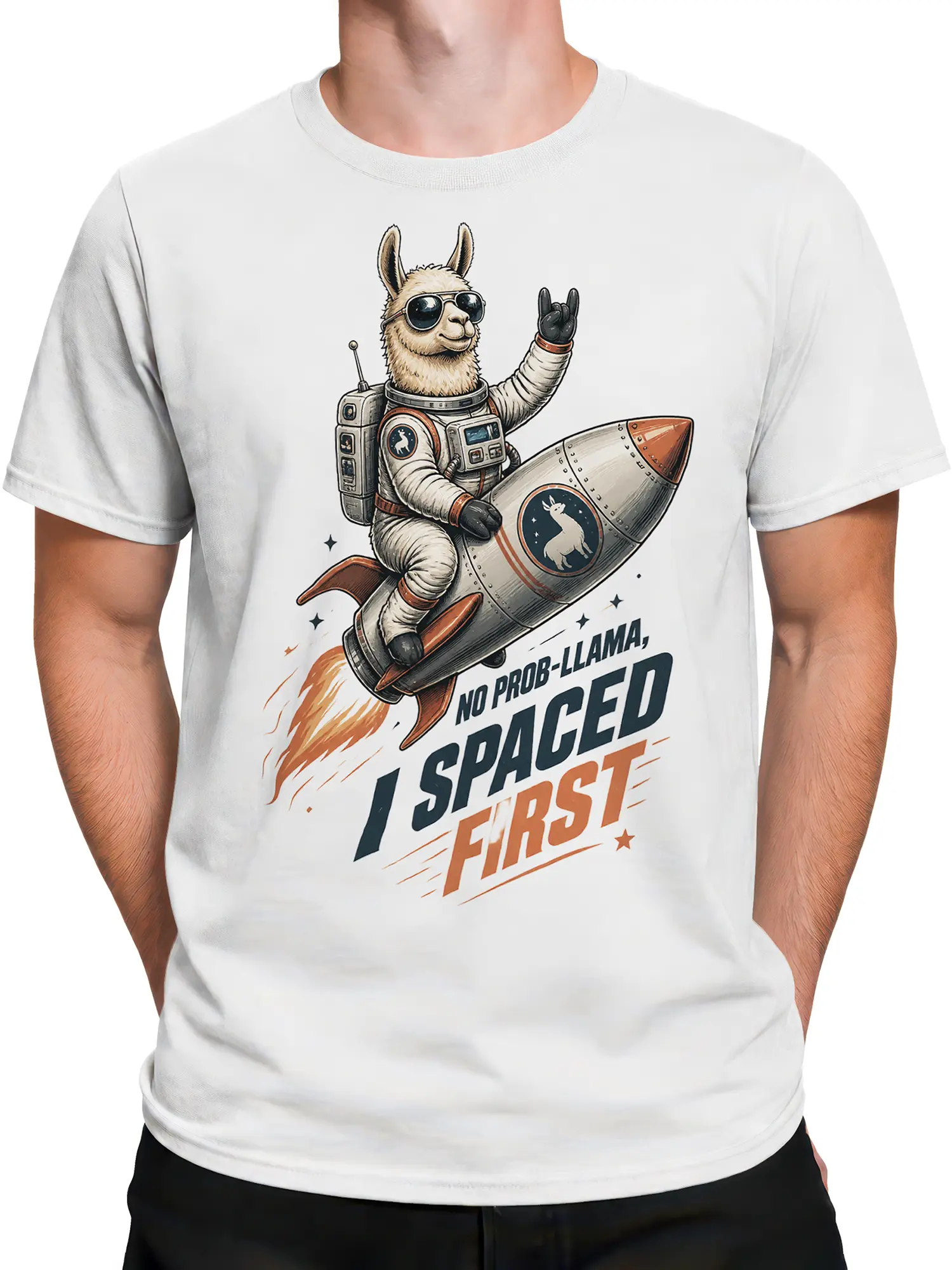 Male torso wearing a white llama space T-shirt with astronaut artwork and playful rocket lettering