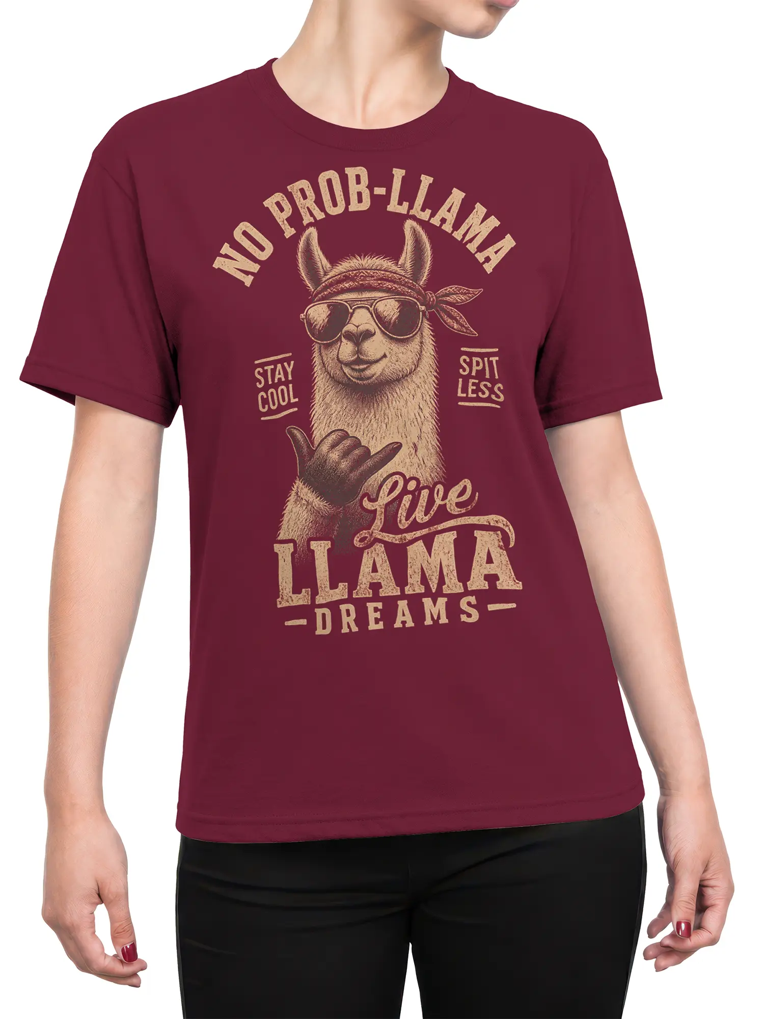 Female torso wearing a maroon T-shirt with a cool sunglasses llama and vintage “Live Llama Dreams” graphic