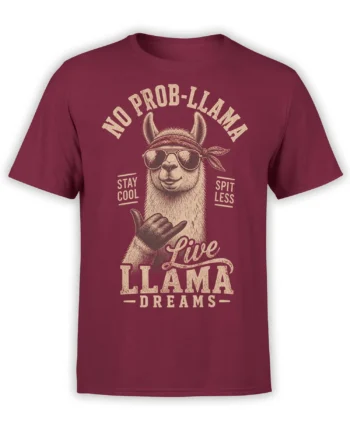 Maroon T-shirt with a sunglasses-wearing llama, bandana, shaka hand, and “No Prob-Llama” vintage lettering
