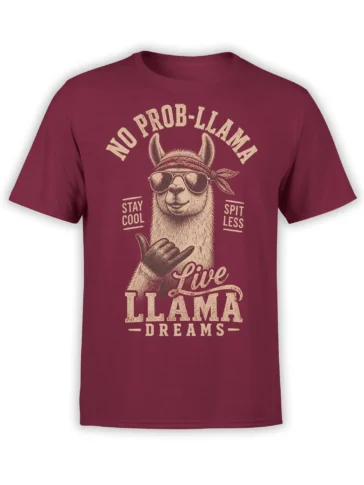 Maroon T-shirt with a sunglasses-wearing llama, bandana, shaka hand, and “No Prob-Llama” vintage lettering