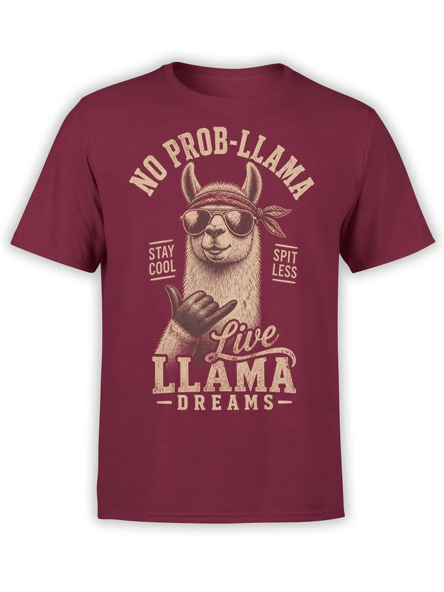 Maroon T-shirt with a sunglasses-wearing llama, bandana, shaka hand, and “No Prob-Llama” vintage lettering