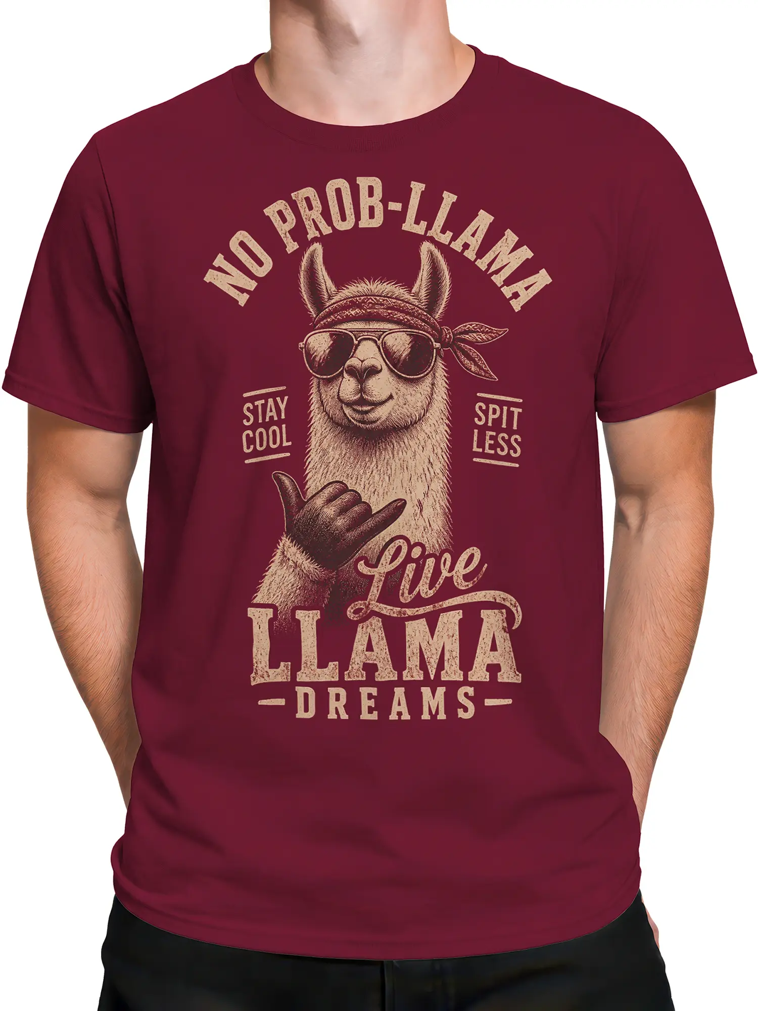 Male torso wearing a maroon llama T-shirt with sunglasses, bandana, and playful vintage graphic lettering