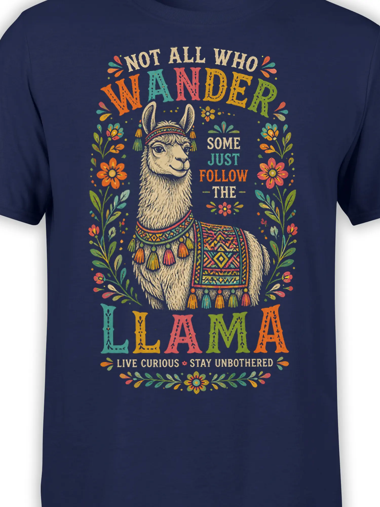 Close-up of colorful llama artwork, floral details, and bold lettering on a navy T-shirt