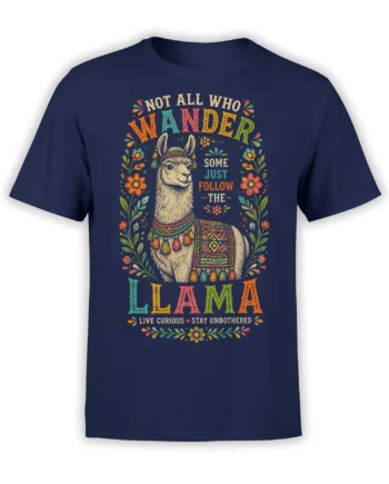 Colorful folk-art llama with flowers and a wandering message printed on a navy T-shirt