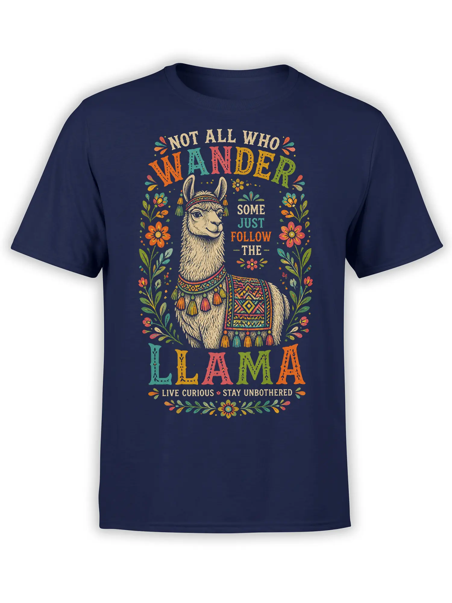 Colorful folk-art llama with flowers and a wandering message printed on a navy T-shirt