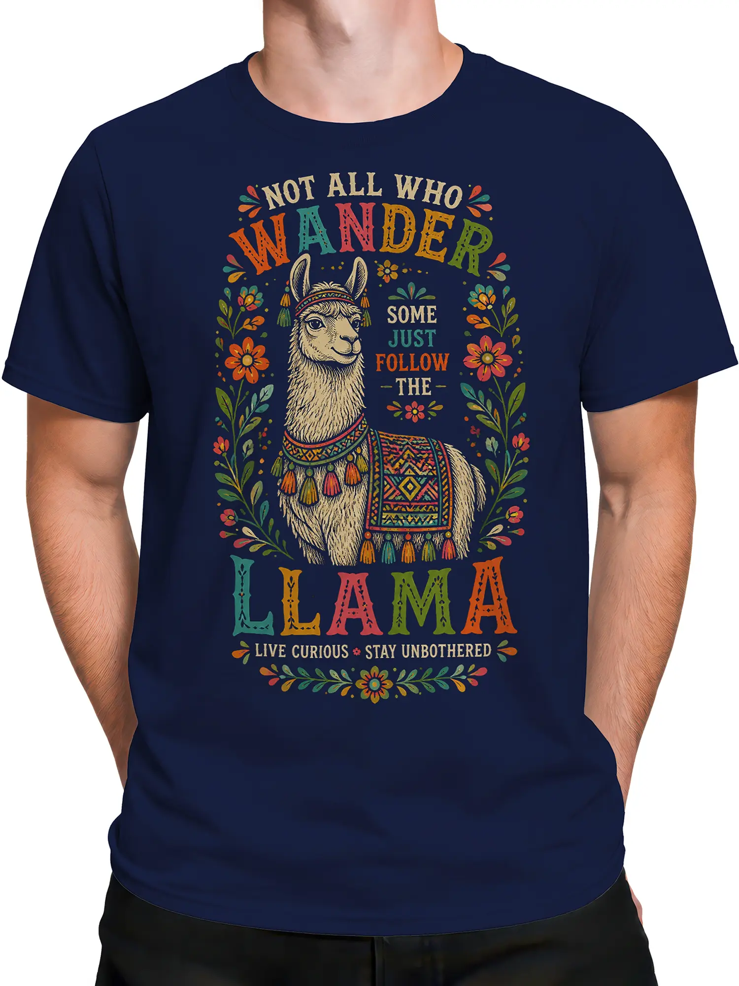 Male torso wearing a navy llama T-shirt with colorful floral folk-art artwork and bold lettering